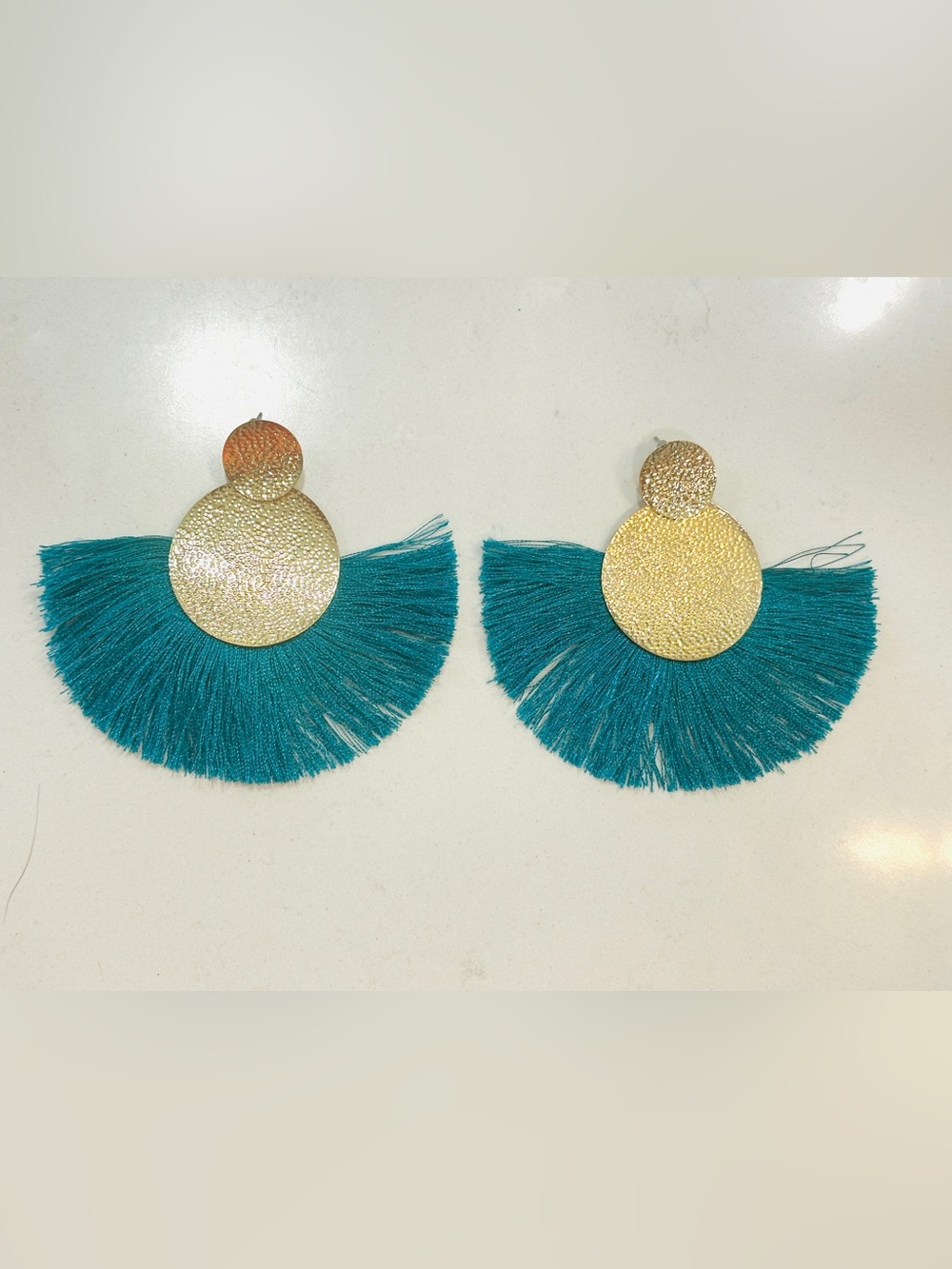 Oversized Teal Fringe Fan Gold Statement Earrings Boho Resort